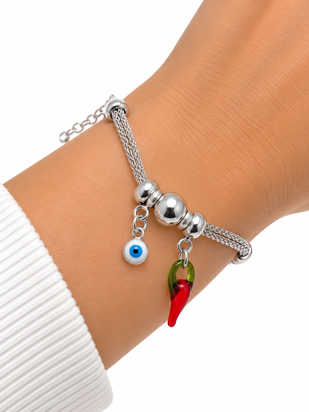 Pulseira folheada prata com pingente olho grego e pimenta 