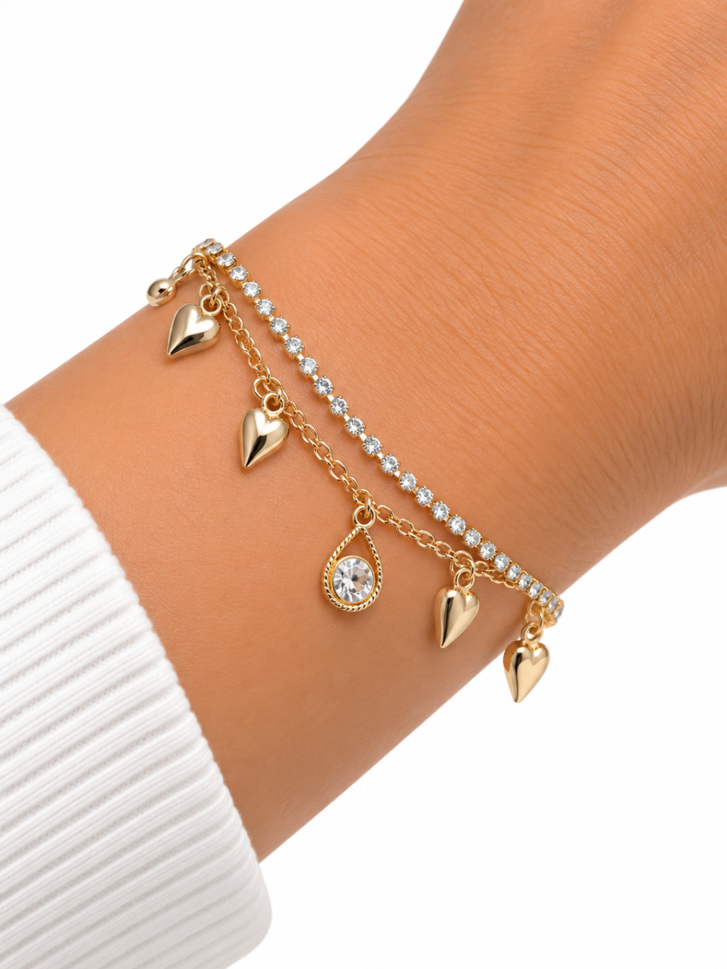 Pulseira folheada dourada pingente coração com ponto de luz