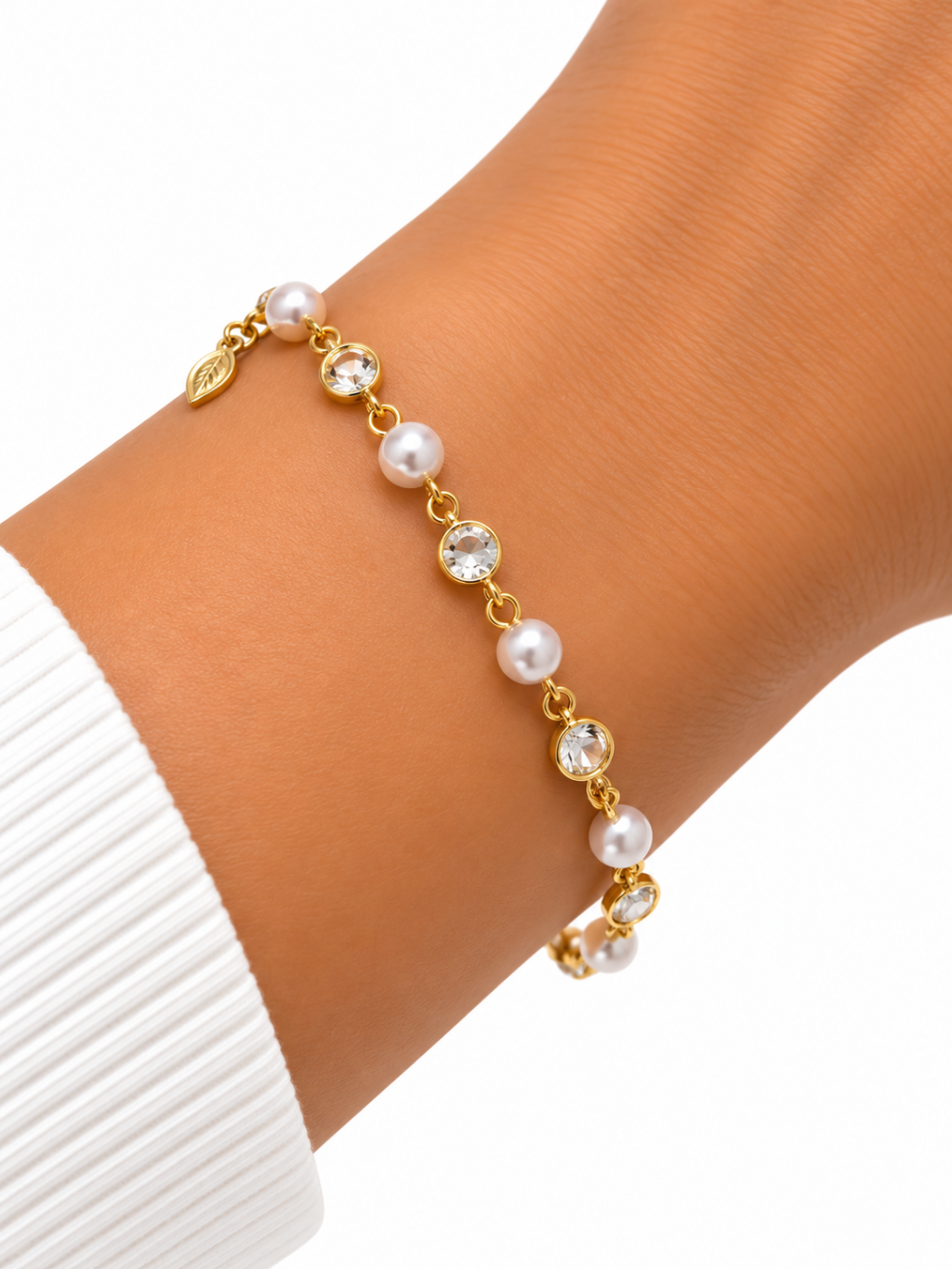 Pulseira semi joia dourada ponto de luz com pérola 