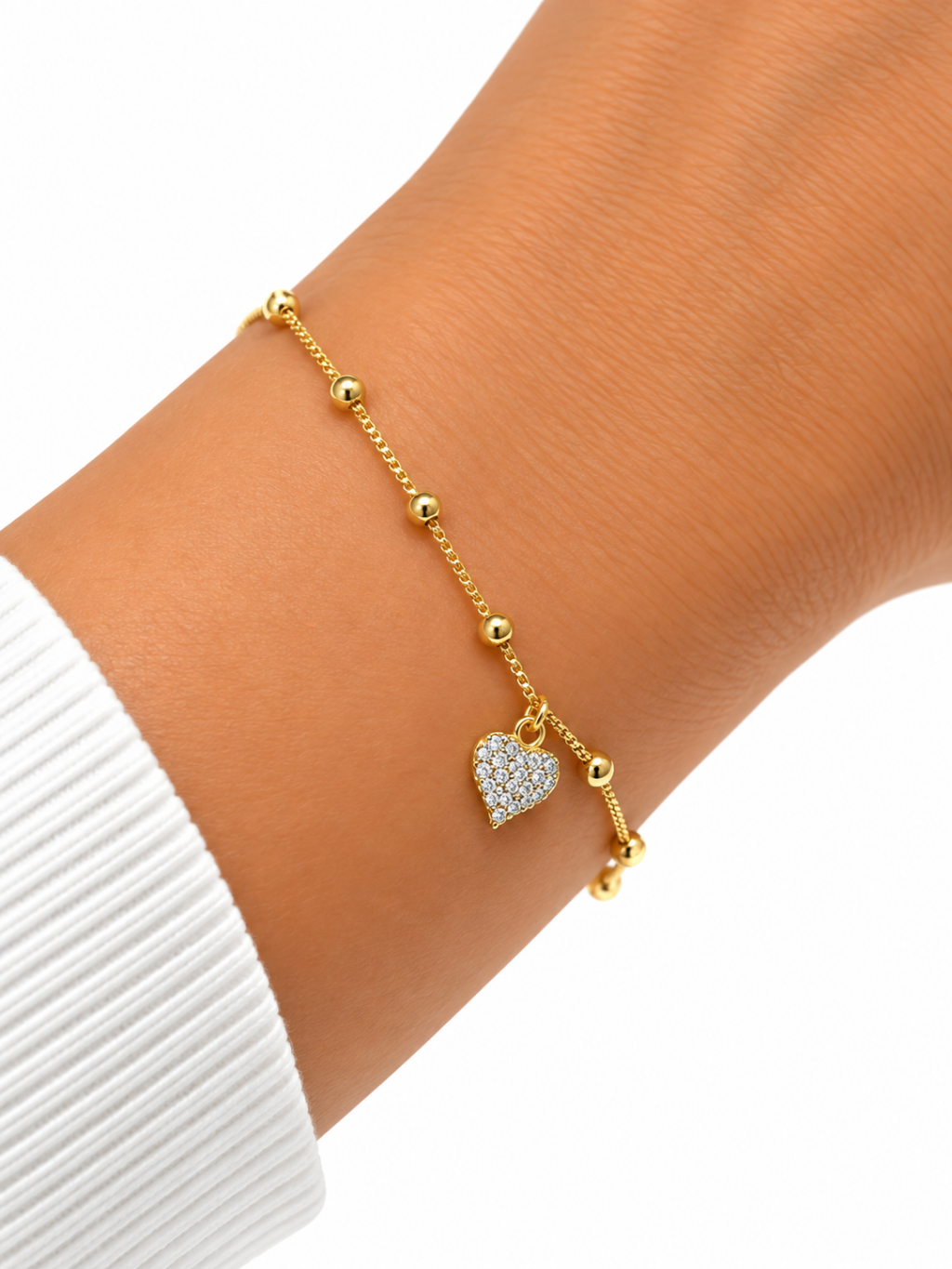 Pulseira folheada dourada bolinhas e pingente de coração 