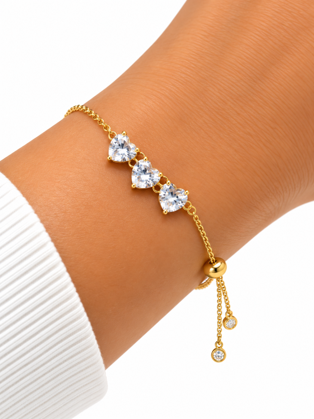 Pulseira folheada dourada três corações 