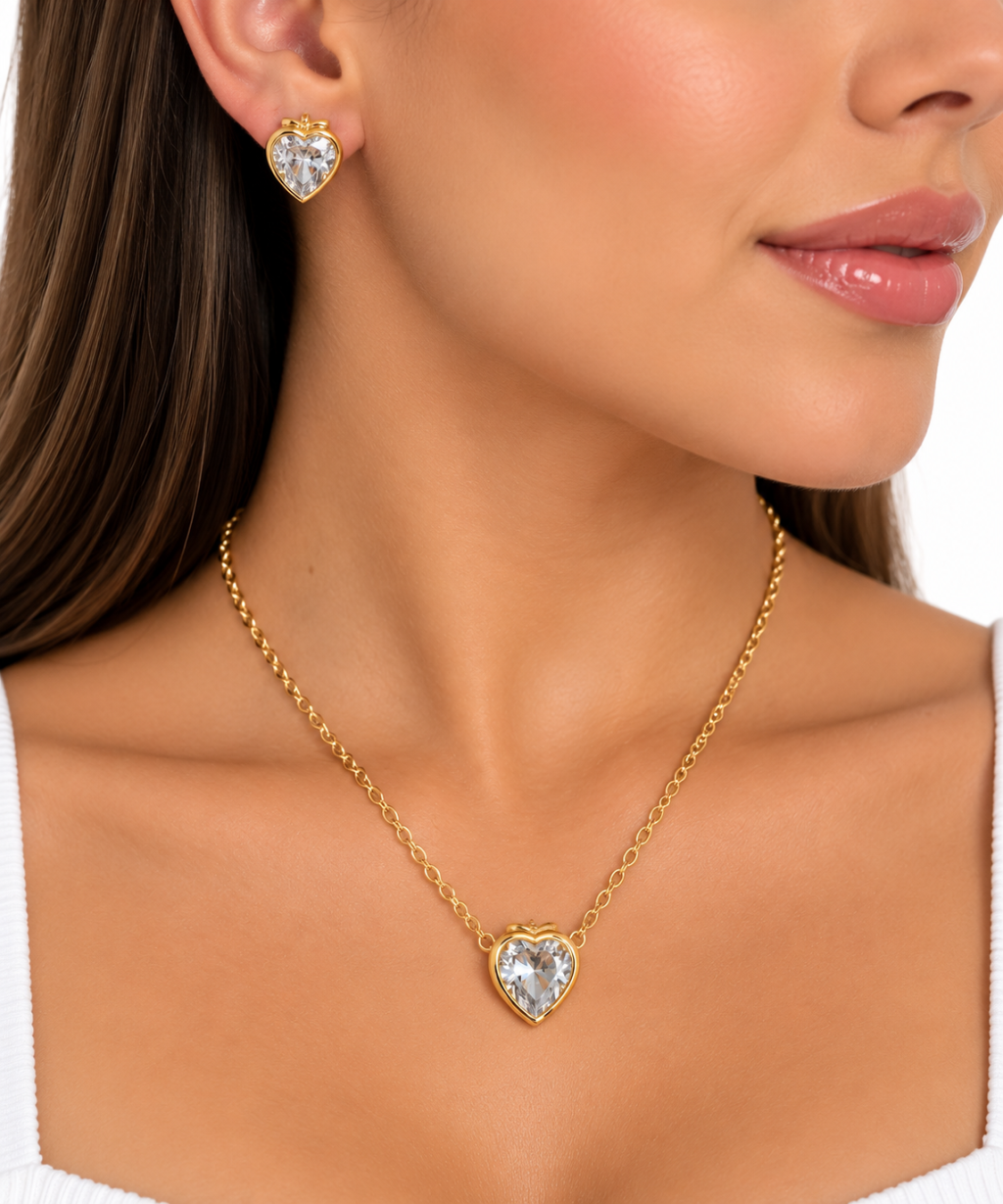 Conjunto folheado dourado pingente coração ponto de luz 