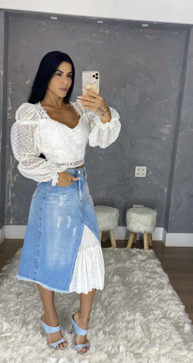 Saia jeans mídi 