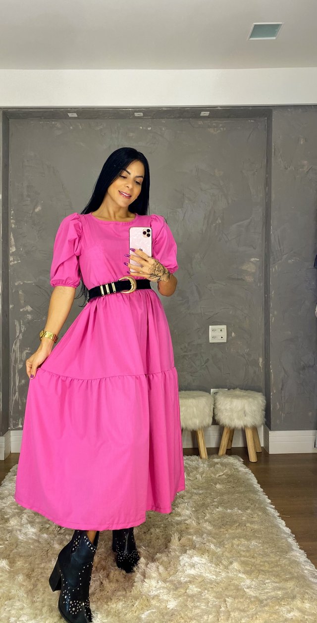 Vestido rosa manguinha bufante 