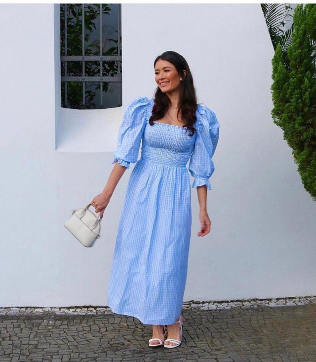 Vestido quadriculado com manga bufante 