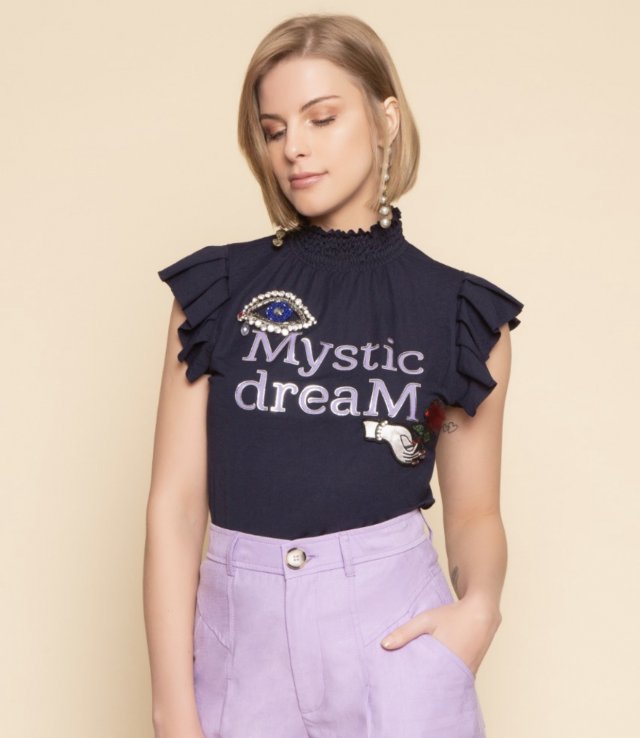 Blusa azul gola com strass 