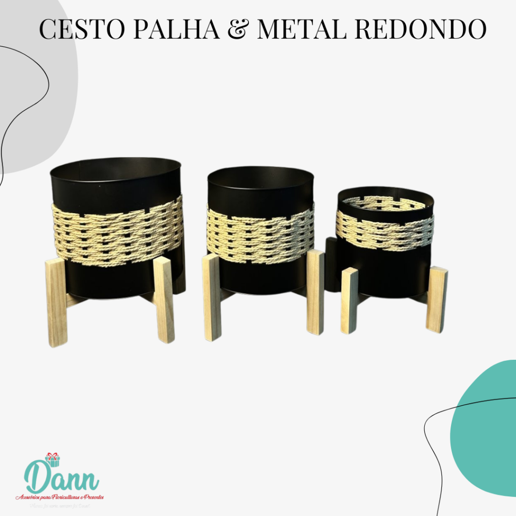 OBJ CESTO PALHA/METAL REDONDO