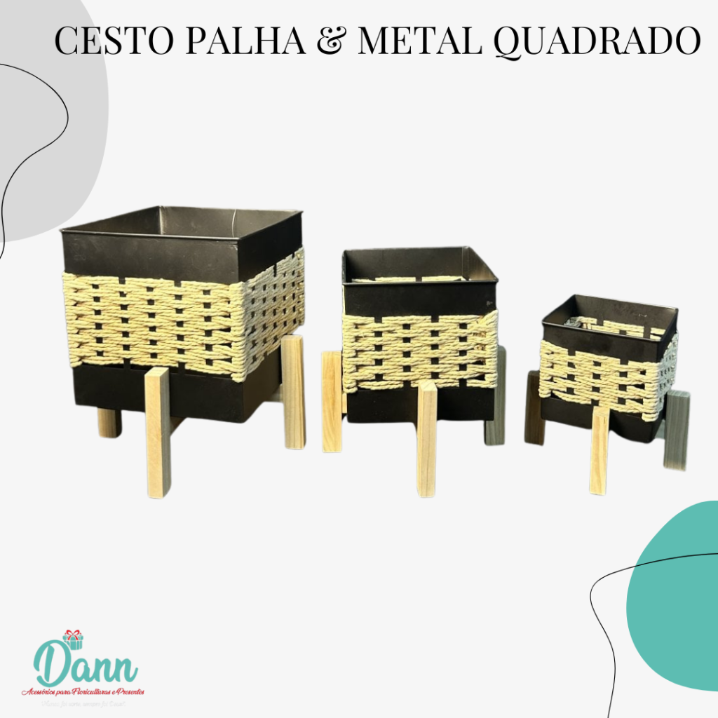 OBJ CESTO PALHA/METAL QUADRADO