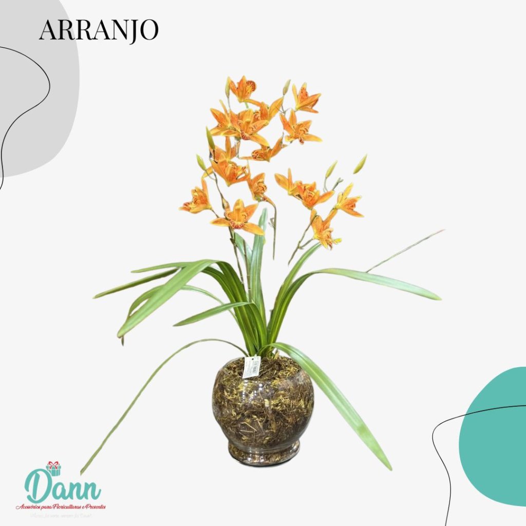 VASO DE VIDRO + GALHO ORQUÍDEA LARANJA 