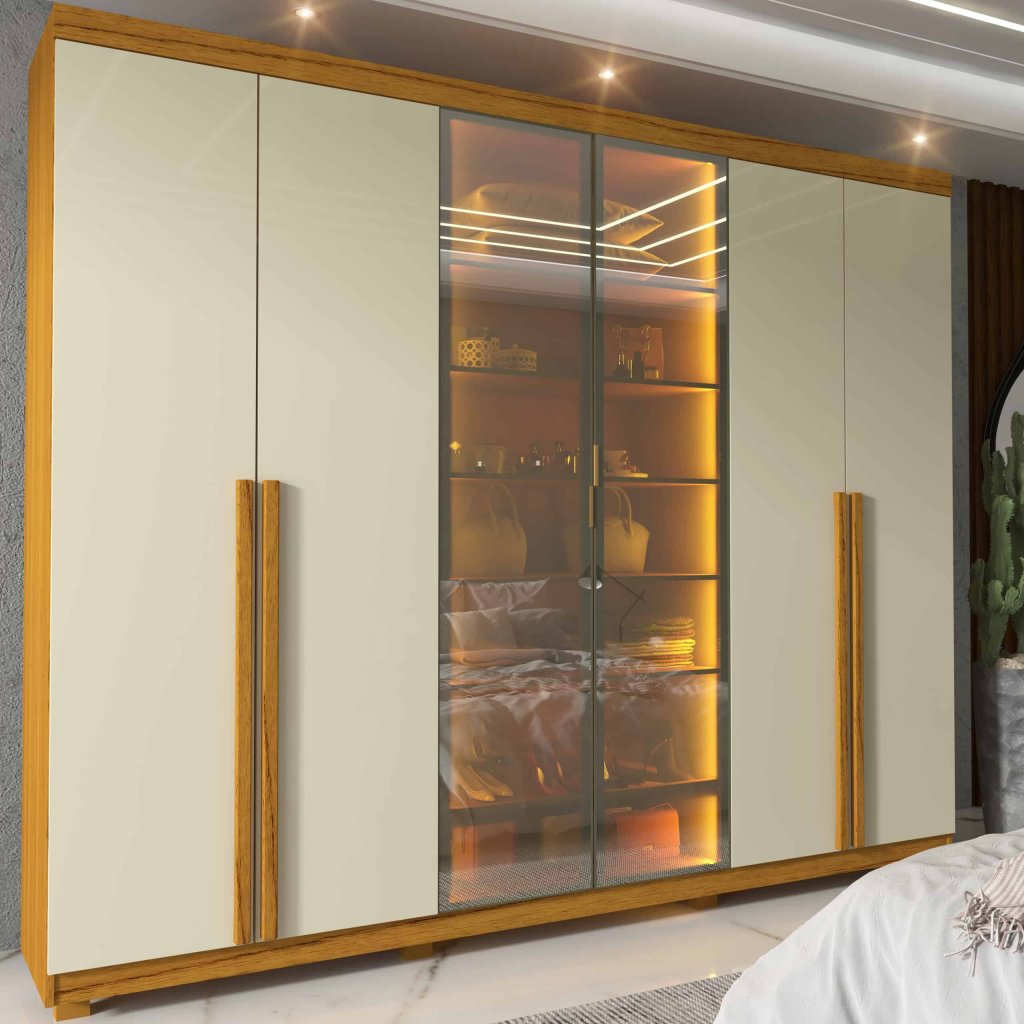 Roupeiro Imperatriz 6 Portas  sendo 2 de Vidro Reflecta Naturale/Off white