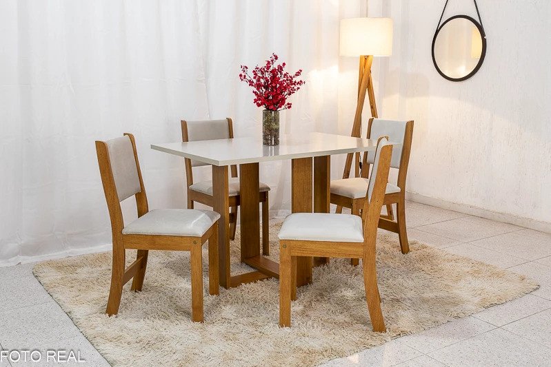 Mesa de Jantar Magic 120x80 Mel/Blonde Tampo Off 4 cadeiras Sol Assento veludo Marfim