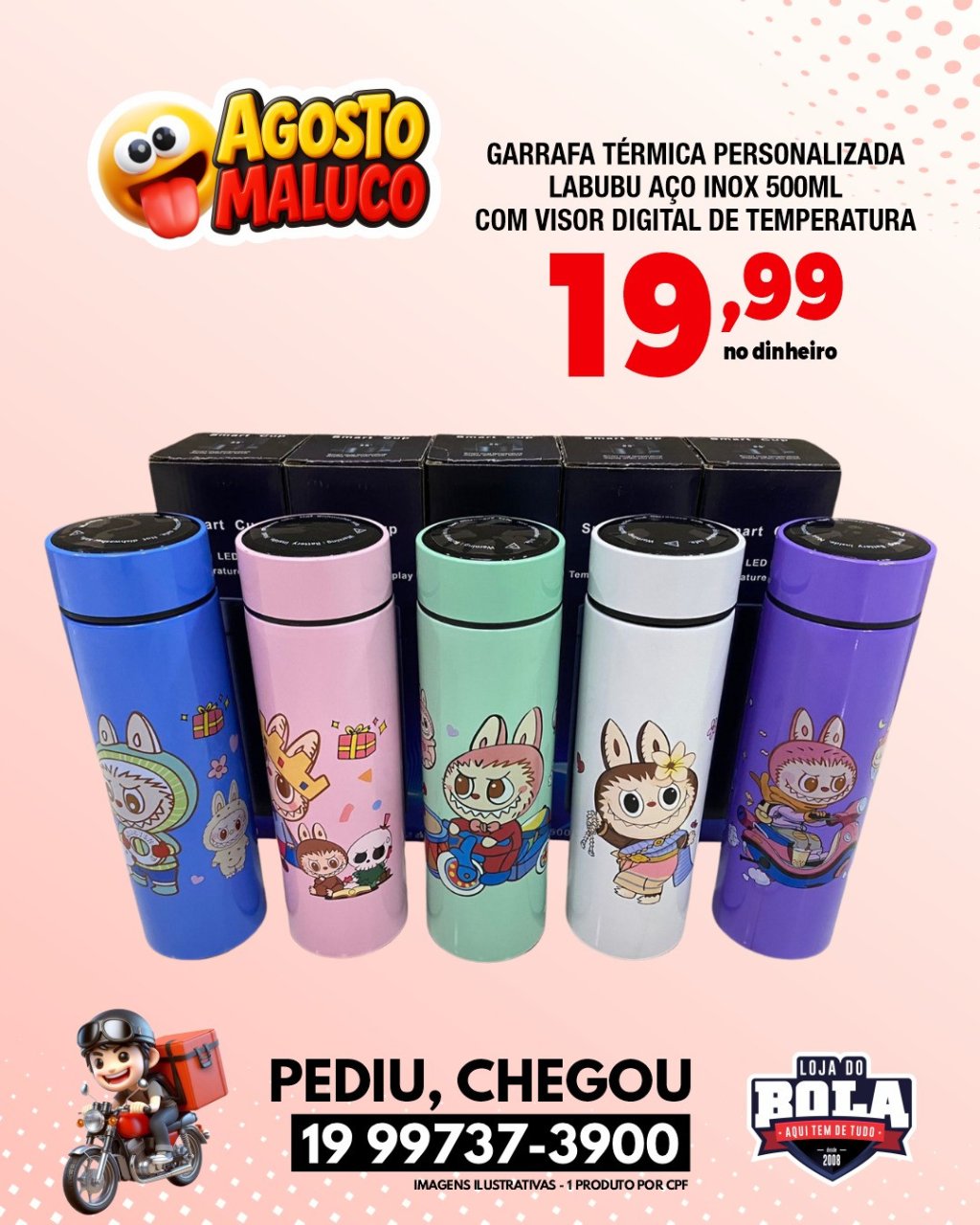 GARRAFA TÉRMICA 500ML LABUBU - COM VISOR DIGITAL DE TEMPERATURA