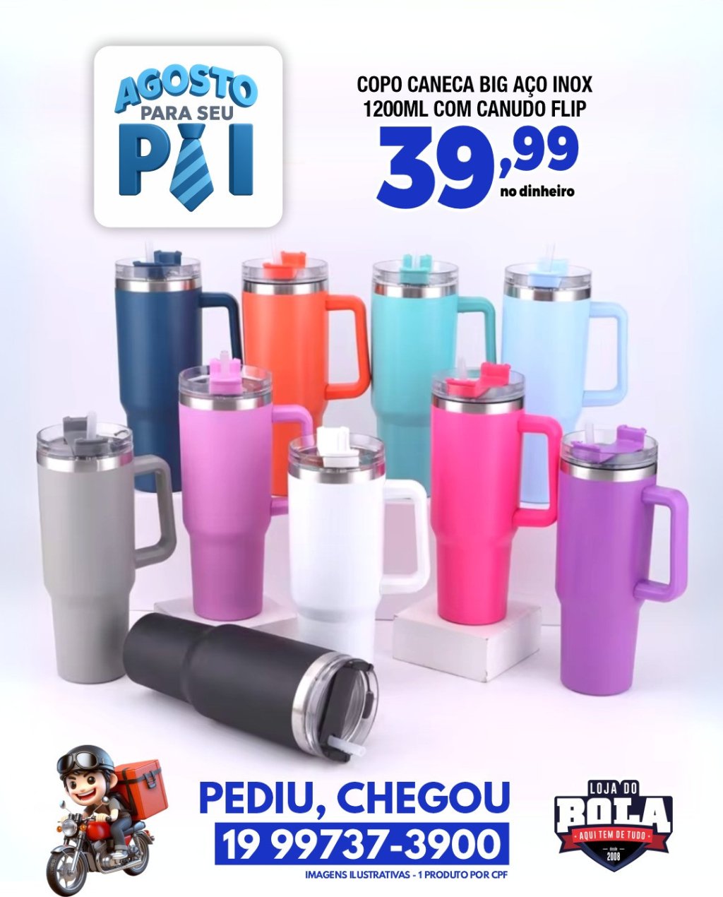 COPO CANECA BIG AÇO INOX 1200ML COM CANUDO FLIP 