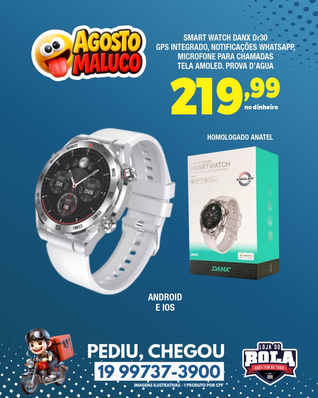 SMART WATCH DANX DR30 GPS INTEGRADO, NOTIFICAÇÕES WHATSAPP, MICROFONE PARA CHAMADAS TELA AMOLED. PROVA D'AGUA - ANDROID E IOS