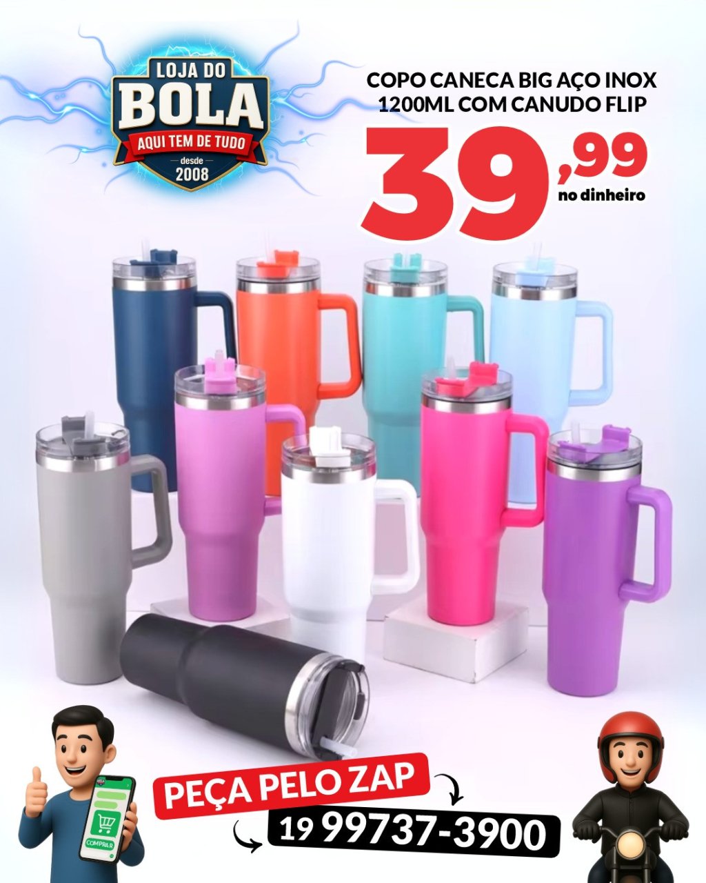 COPO CANECA BIG AÇO INOX 1200ML COM CANUDO FLIP 