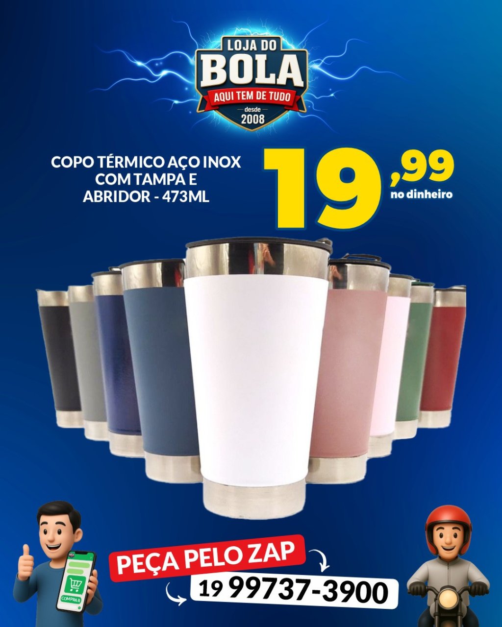 COPO TÉRMICO AÇO INOX COM TAMPA E ABRIDOR - 473ML
