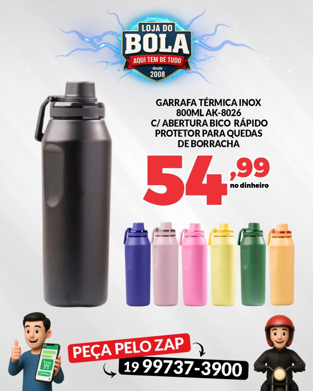GARRAFA TÉRMICA 800ML COM PROTETOR DE BORRACHA