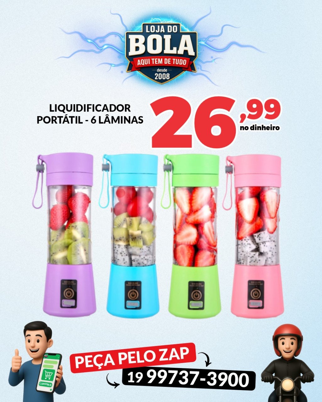 LIQUIDIFICADOR ELÉTRICO  - 06 LÂMINAS - BATERIA RECARREGÁVEL