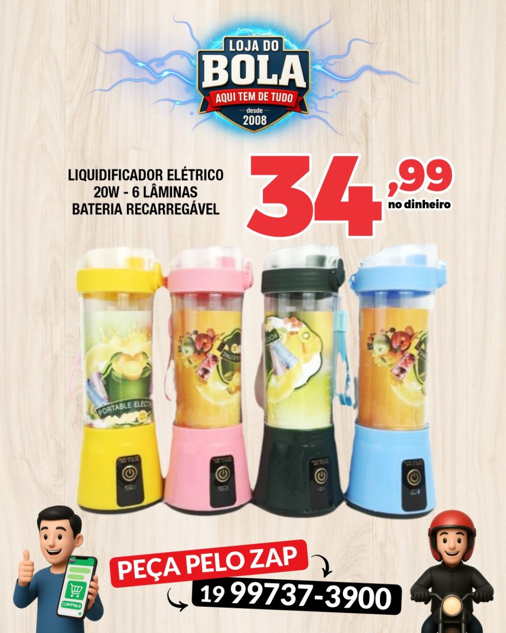LIQUIDIFICADOR ELÉTRICO 20W - 06 LÂMINAS - BATERIA RECARREGÁVEL