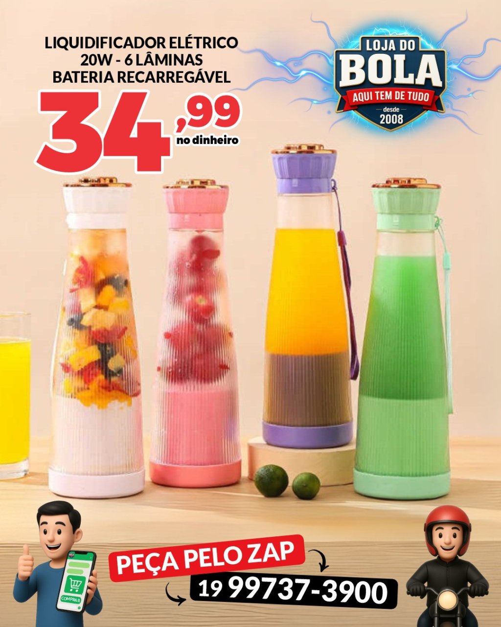 LIQUIDIFICADOR ELÉTRICO 20W - 06 LÂMINAS - BATERIA RECARREGÁVEL