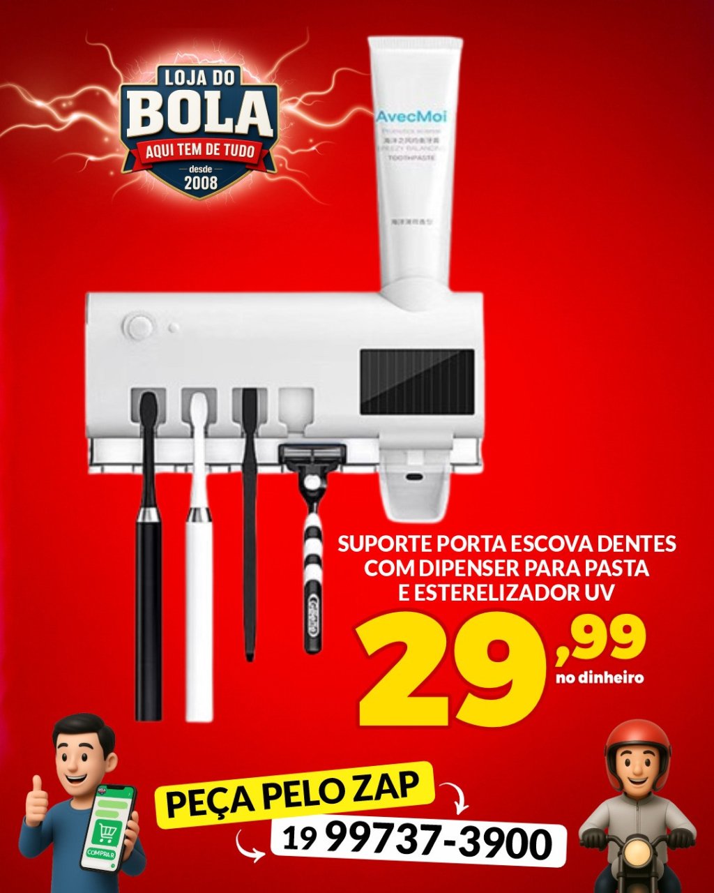 SUPORTE PORTA ESCOVA DE DENTES COM DISPENSER PARA PASTA E ESTERILIZADOR UV
