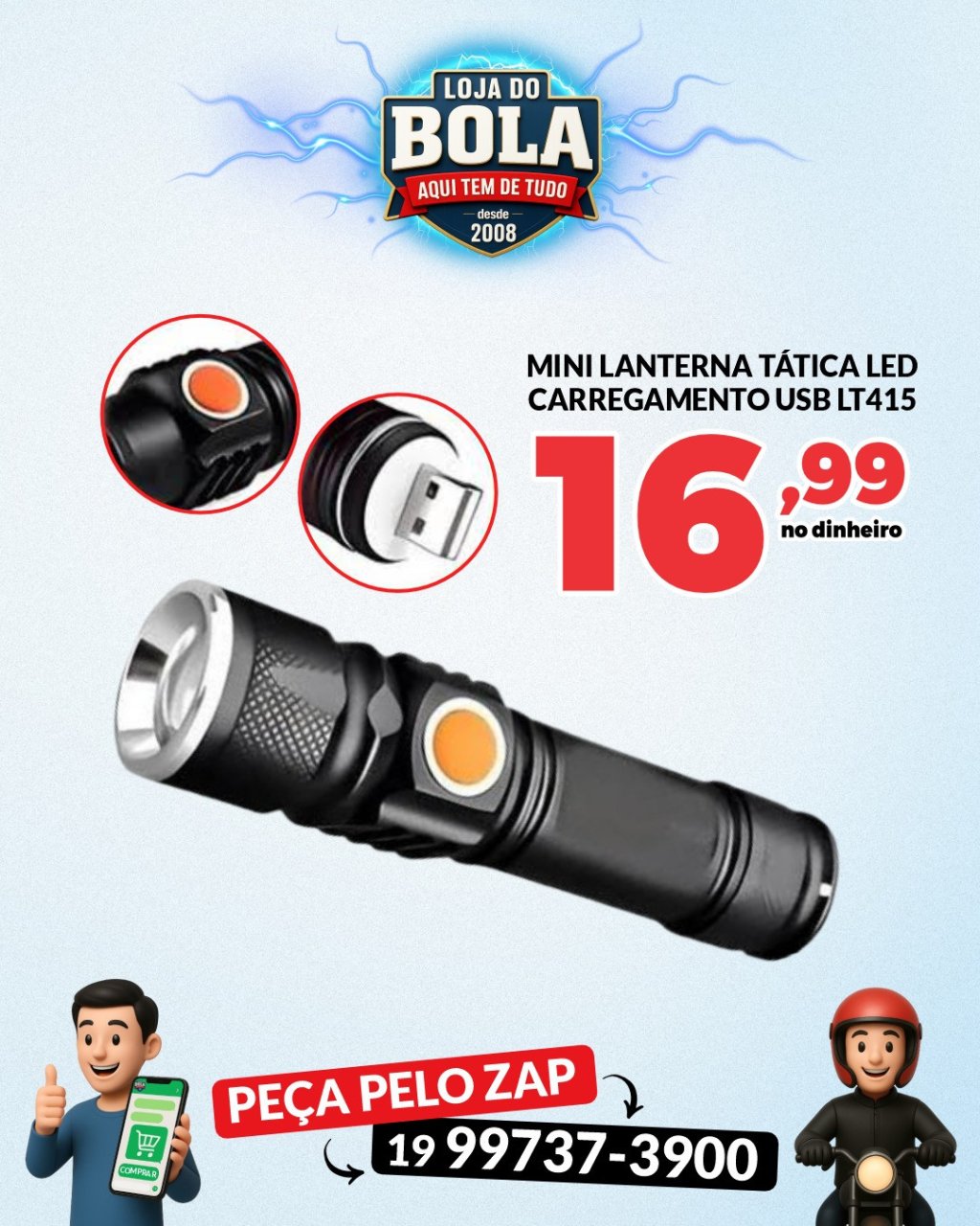 MINI LANTERNA TÁTICA - CARREGAMENTO USB