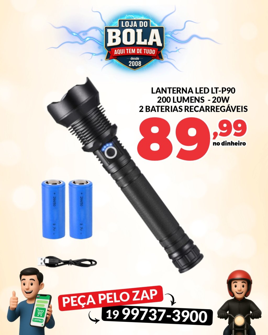 LANTERNA LED LT-P90 200 LÚMENS 20W - 2 BATERIAS