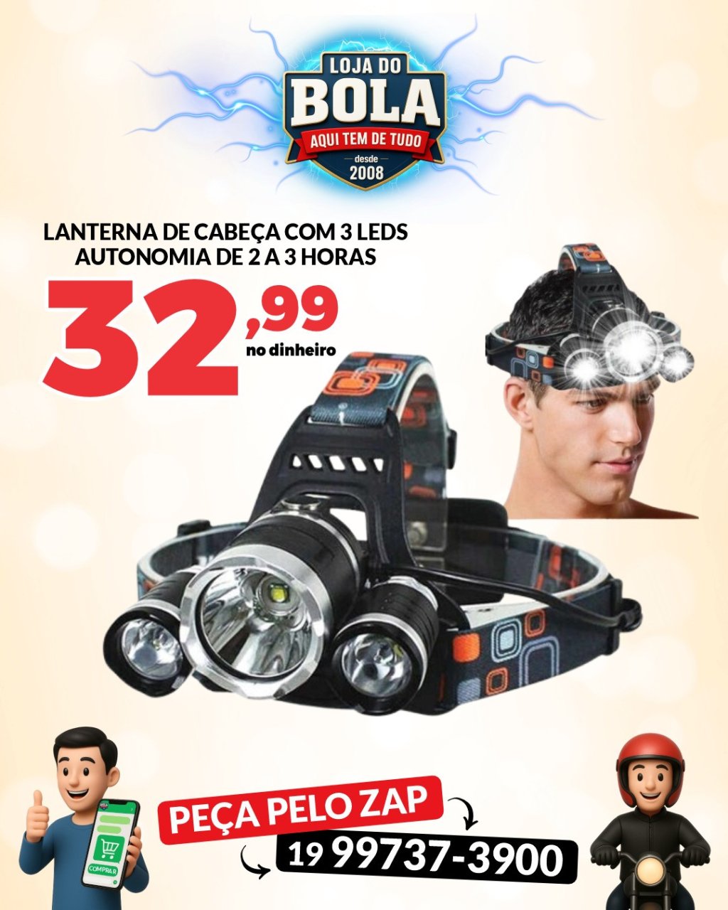 LANTERNA DE CABEÇA COM 3 LEDS