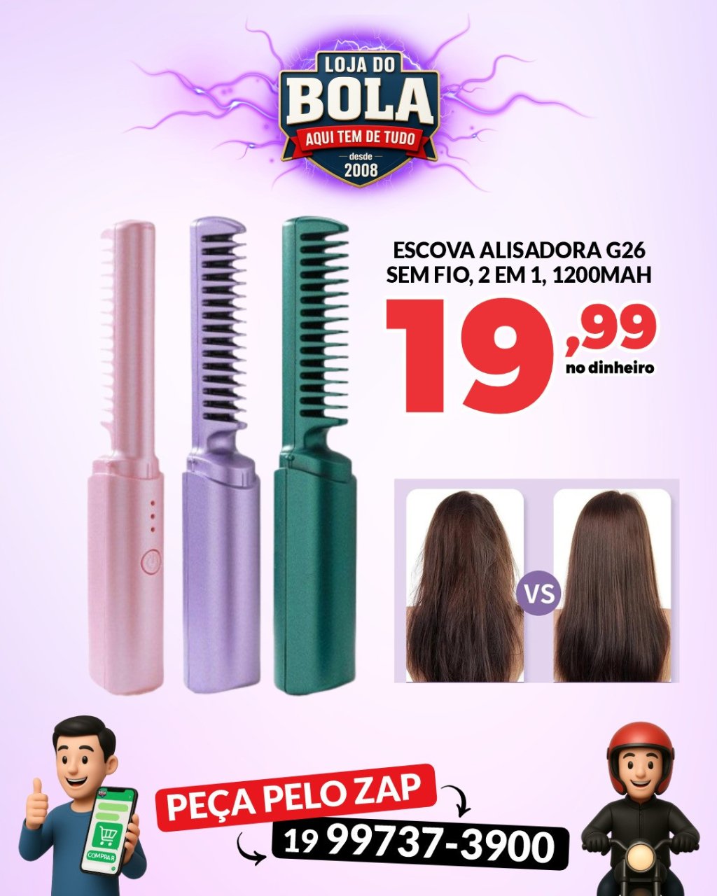 ESCOVA ALISADORA G26 SEM FIO, BATERIA RECARREGÁVEL