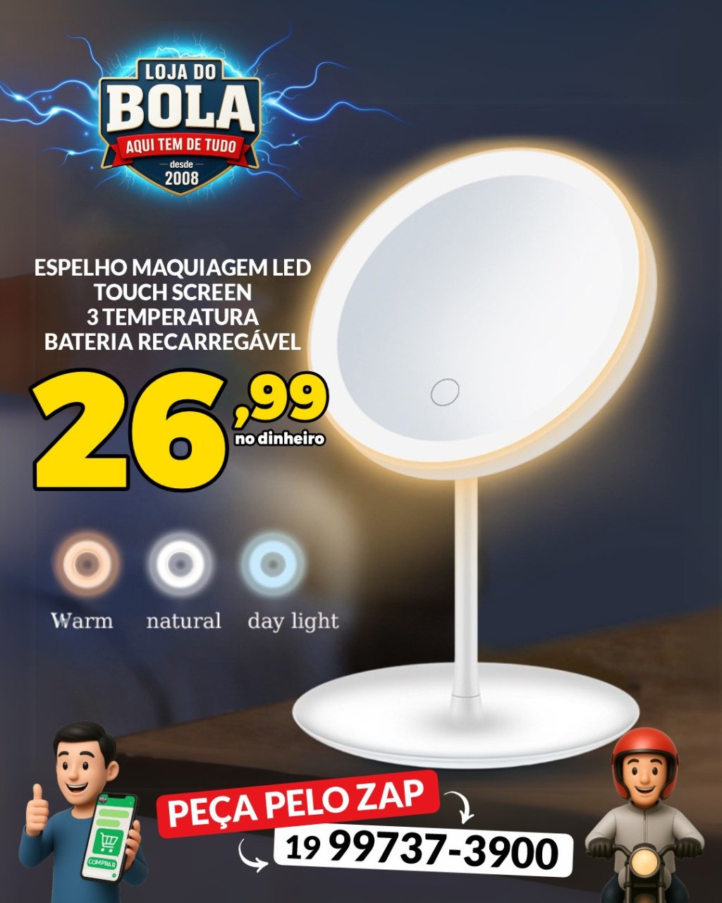 ESPELHO LED TOUTCH SCREEN BATERIA RECARREGÁVEL
