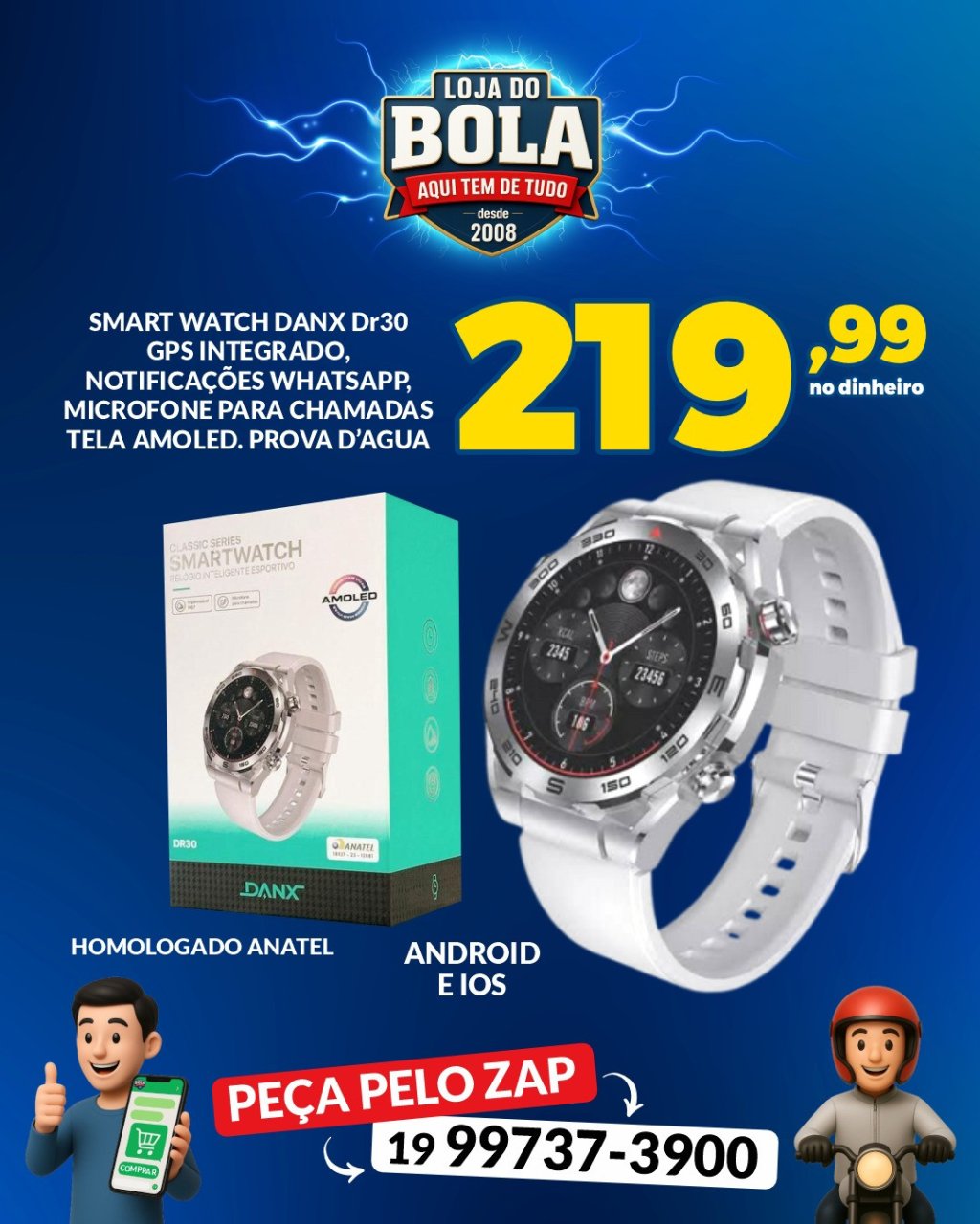 SMART WATCH DANX DR30 GPS INTEGRADO, NOTIFICAÇÕES WHATSAPP, MICROFONE PARA CHAMADAS TELA AMOLED. PROVA D'AGUA - ANDROID E IOS