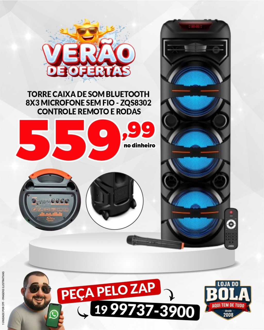 TORRE CAIXA DE SOM 8X3 - CONTROLE REMOTO E RODAS - ZQS8302