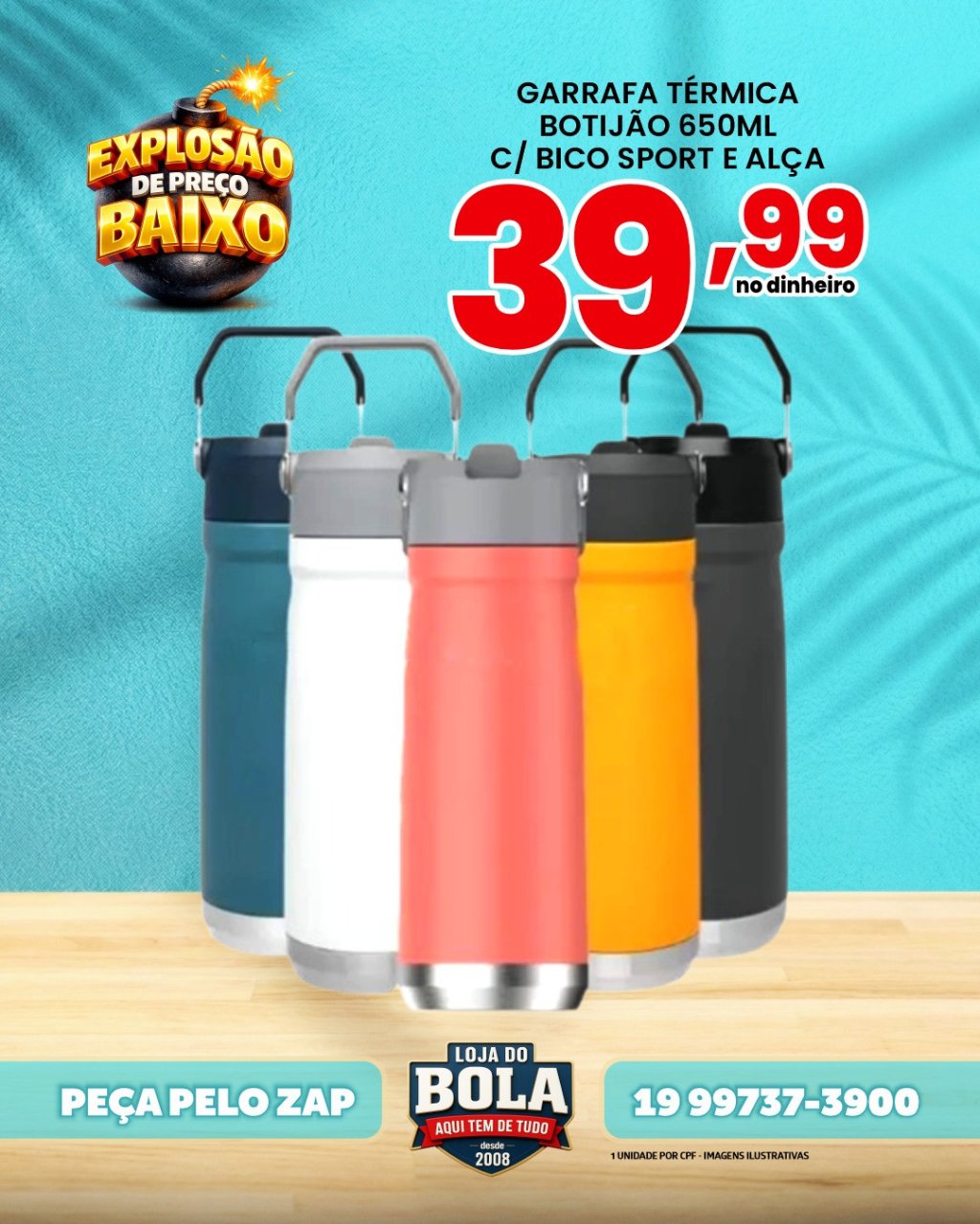 GARRAFA TÉRMICA 650ML C/ BICO E ALÇA - VÁRIAS CORES