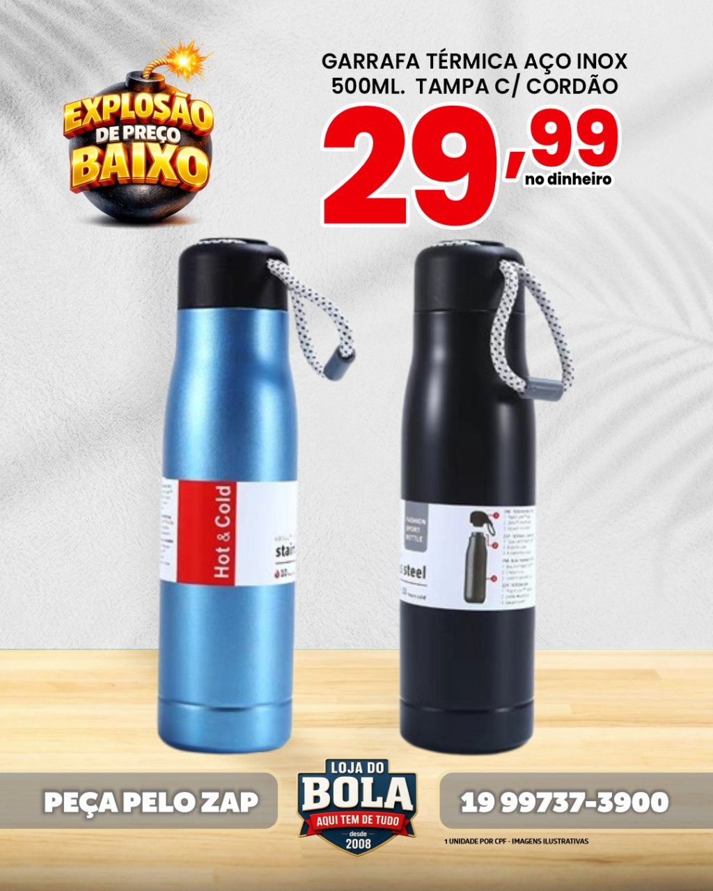 GARRAFA TÉRMICA 500ML TAMPA C/ CORDÃO