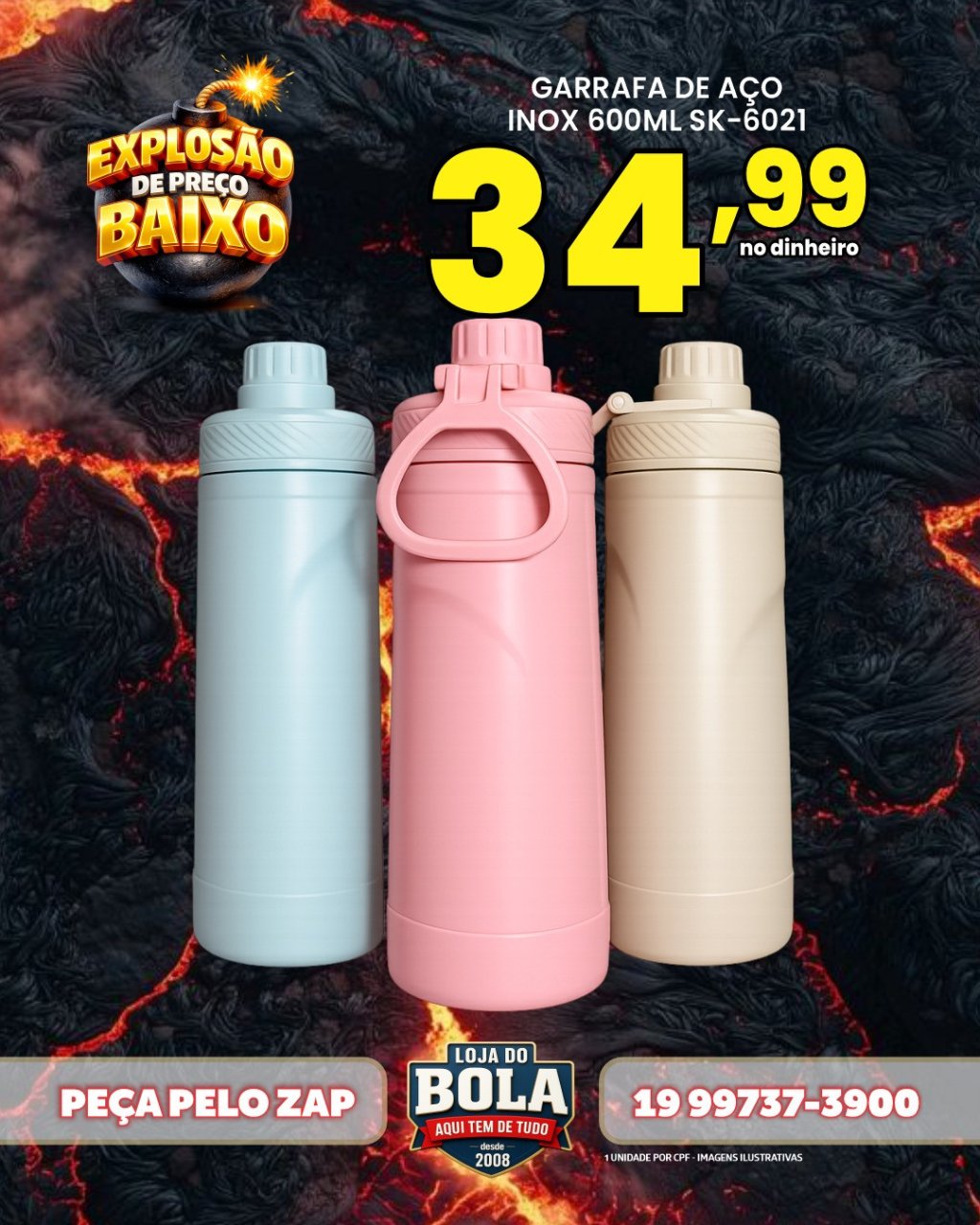 GARRAFA TÉRMICA 600ML - VÁRIAS CORES