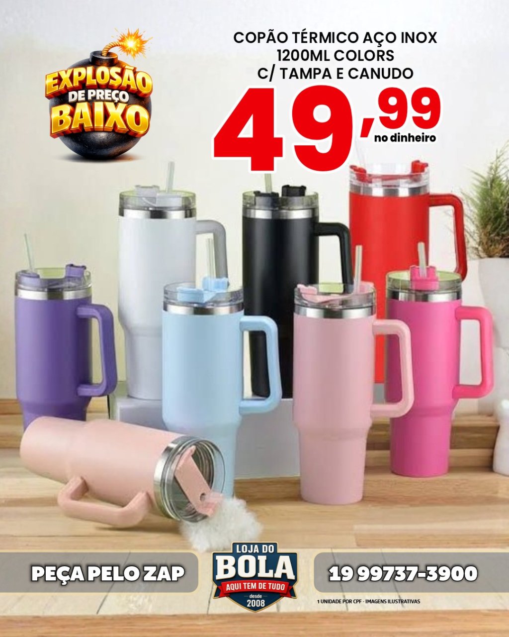COPO CANECA BIG AÇO INOX 1200ML COM CANUDO FLIP 