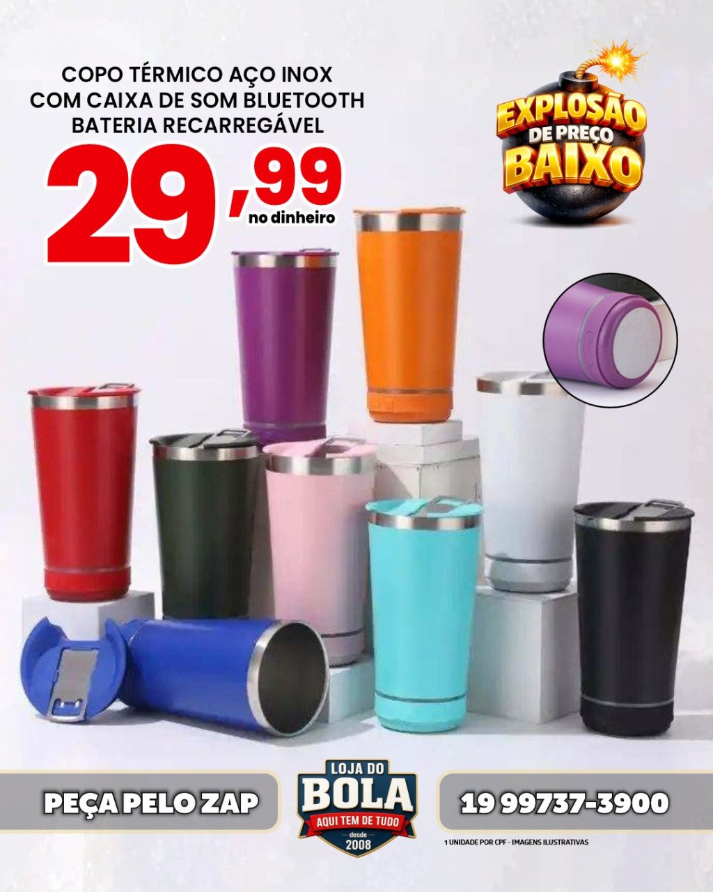 COPO TÉRMICO AÇO INOX COM CAIXA DE SOM BLUETOOTH BATERIA RECARREGÁVEL