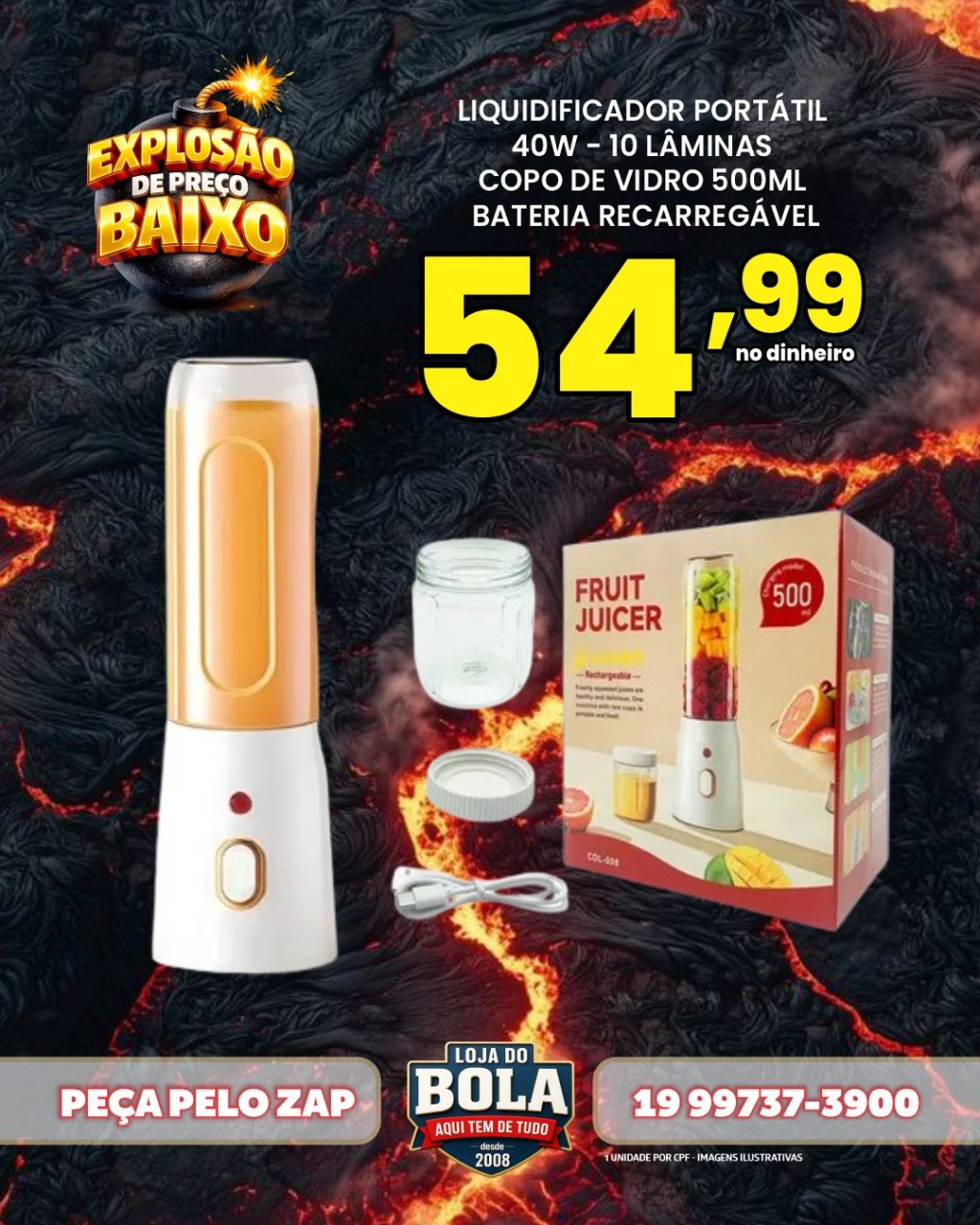 LIQUIDIFICADOR PORTÁTIL 40W COPO DE VIDRO