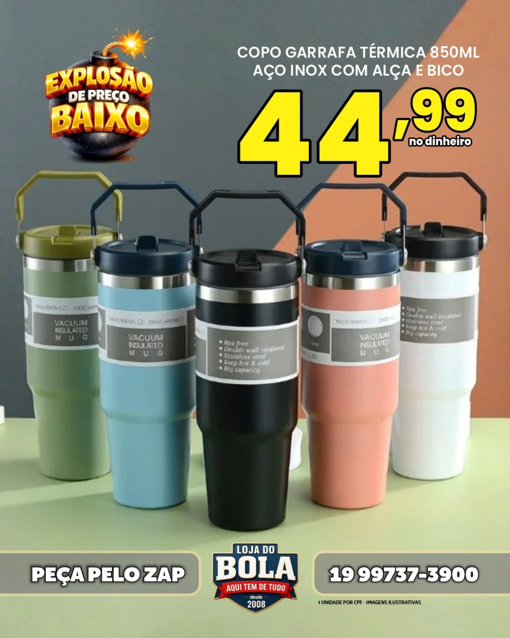 GARRAFA TÉRMICA 890ML COM ALÇA - VÁRIAS CORES