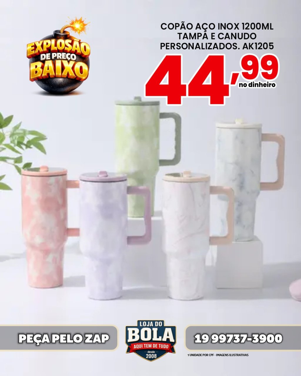 CANECA TÉRMICA COM CANUDO 1200ML - VÁRIAS CORES