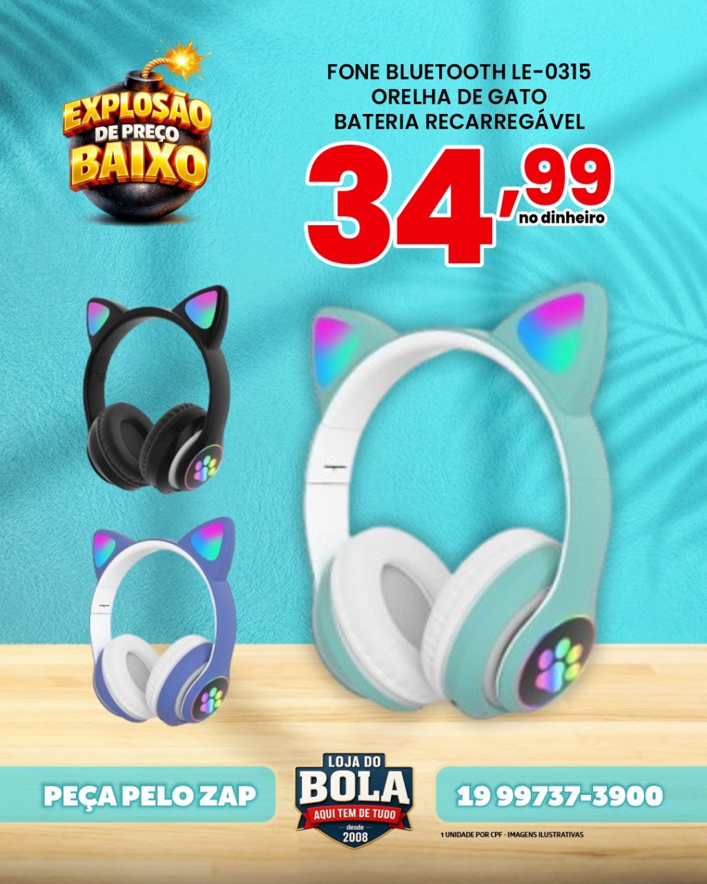 FONE BLUETOOTH ORELHA GATO RGB