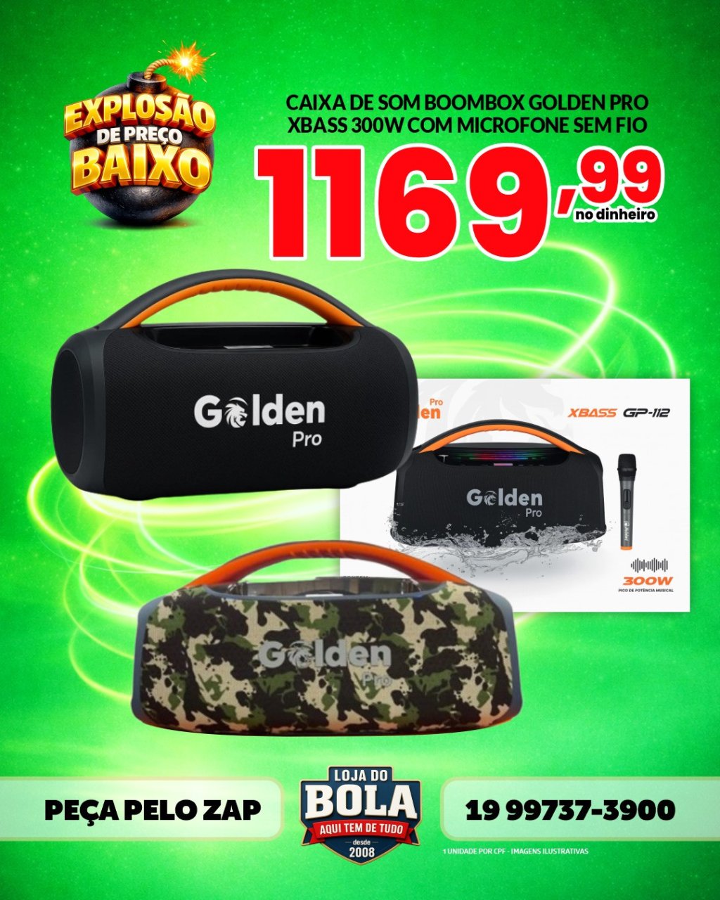CAIXA DE SOM BOOMBOX GOLDEN PRO XBASS 300W C/ MICROFONE SEM FIO 