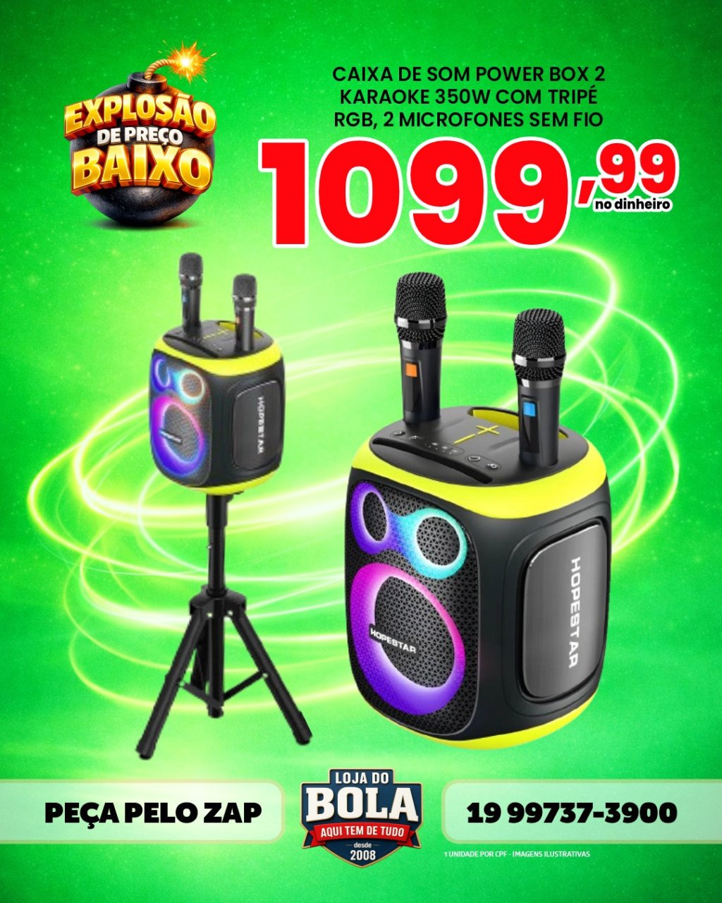 CAIXA DE SOM POWER BOX 2 350W C/ TRIPÉ RGB + 2 MICROFONE SEM FIO