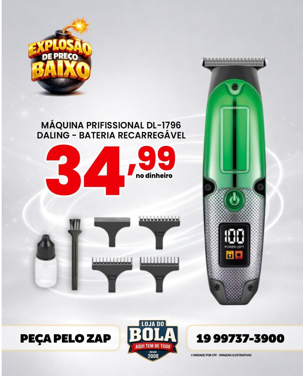 MÁQUINA PROFISSIONAL DALING DL-1796 - BATERIA RECARREGÁVEL