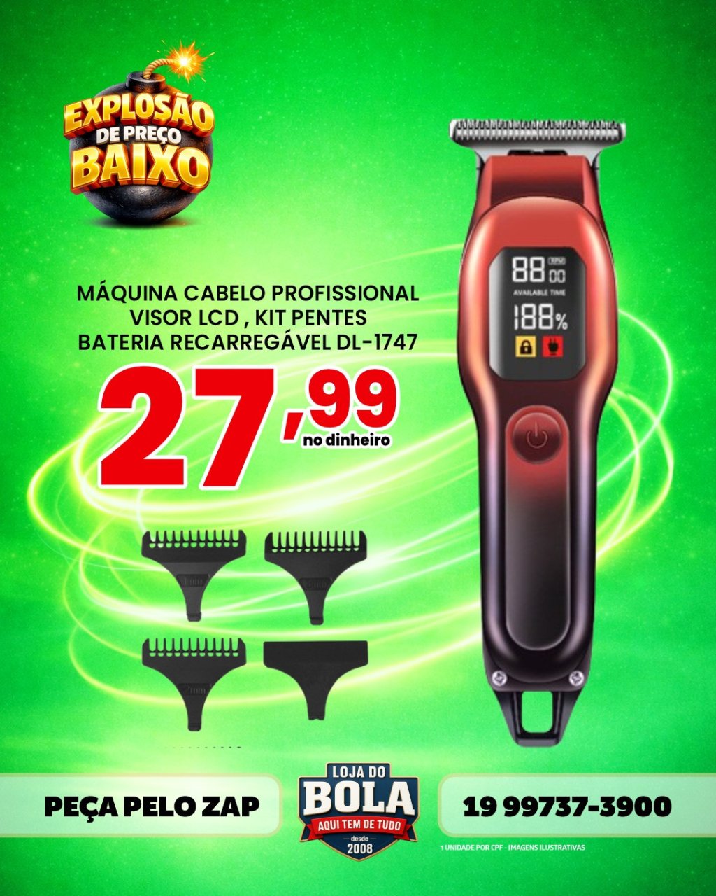 MÁQUINA PROFISSIONAL DALING DL-1747 VISOR DIGITAL LCD 4 PENTES BATERIA RECARREGÁVEL