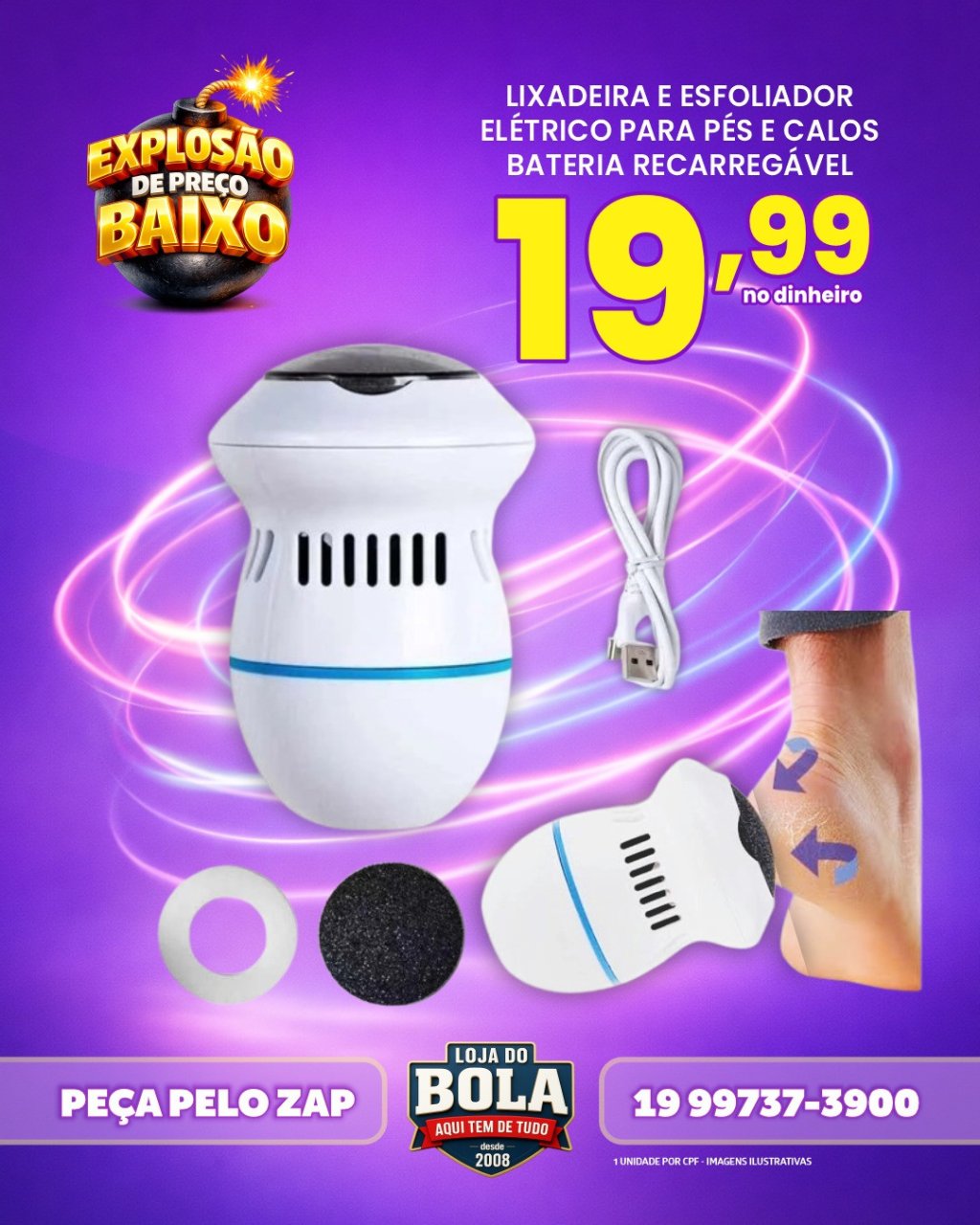 LIXADEIRA E ESFOLIADOR ELÉTRICO PARA PÉS E CALOS BATERIA RECARREGÁVEL