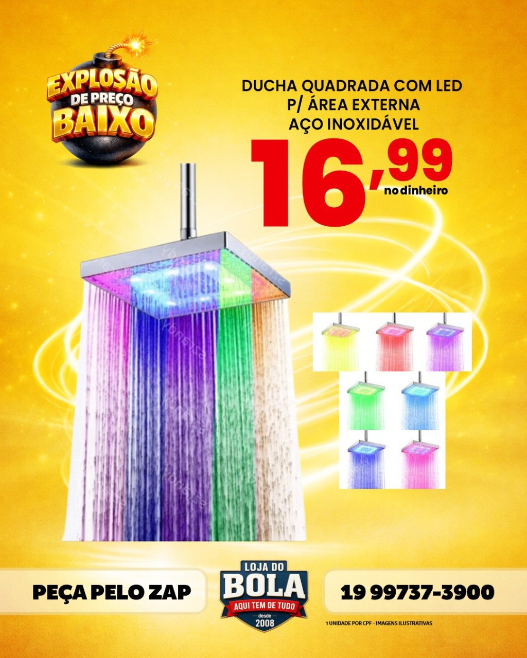 DUCHA QUADRADA COM LED P/ ÁREA EXTERNA, AÇO INOXIDÁVEL