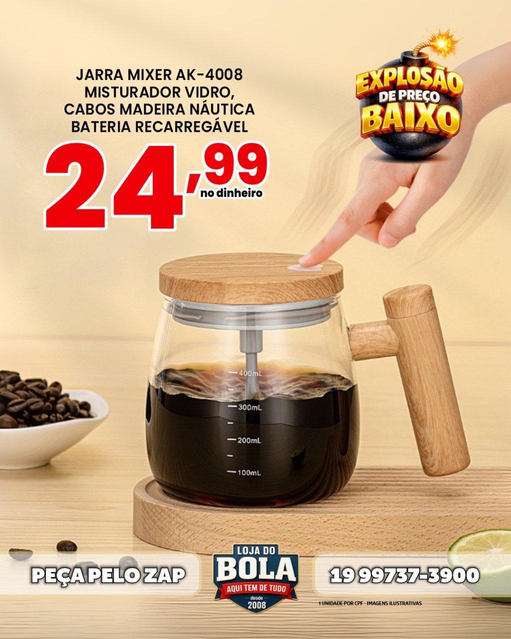 JARRA DE VIDRO COM MIXER NA TAMPA