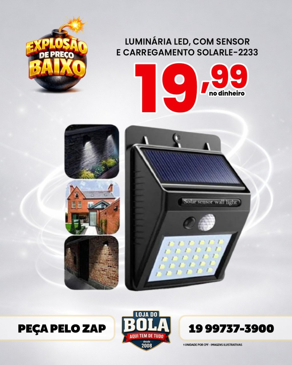 LUMINÁRIA SOLAR COM CARREGAMENTO SOLAR 100 LEDS