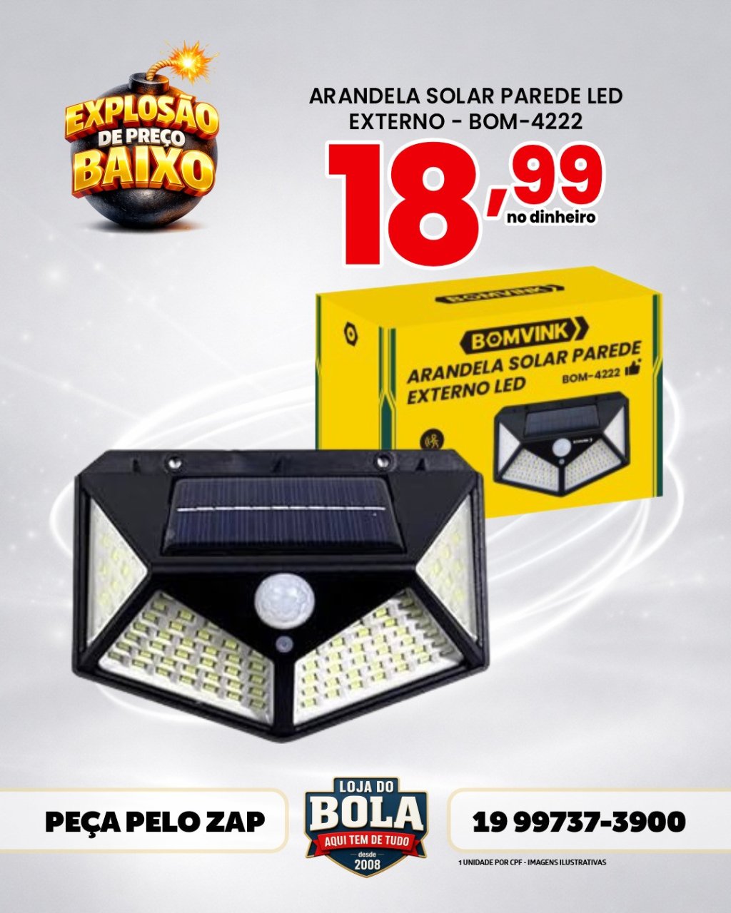 LUMINÁRIA SOLAR C/100 LED LKY-0100 COM SENSOR DE PRESENÇA SEM FIO CARREGAMENTO SOLAR